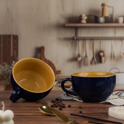 Large Ceramic Coffee Cup Set of 2, Midnight Blue