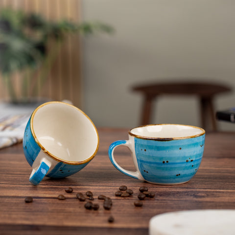 Ceramic SkyBlue Polished Designed Tea Coffee Mugs Set of 2 180 ML|Dishwash & Scratch Resistant