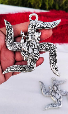Antique German silver wall hanging swastik with Ganesh engraved
