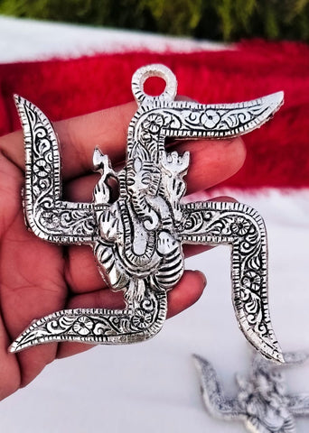 Antique German silver wall hanging swastik with Ganesh engraved
