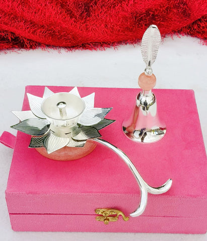 German Silver Lotus 🪷 handle Diya work Pink leaf Bell set