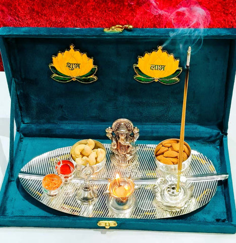 German silver big size exclusive banana leaf pujan set with Ganesh idol