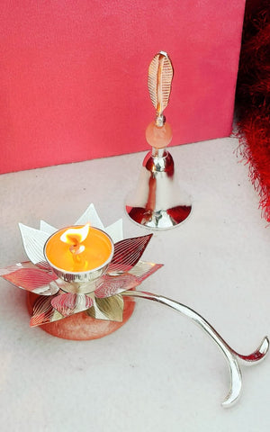 German Silver Lotus 🪷 handle Diya work Pink leaf Bell set