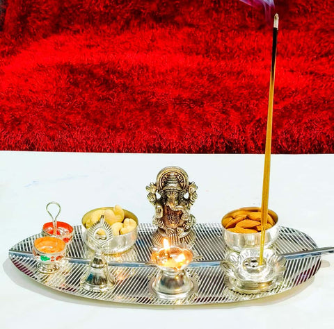 German silver big size exclusive banana leaf pujan set with Ganesh idol