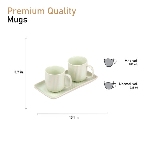 Tea Coffee Mugs with Serving Platter Set of 2 Cups | Microwave Safe | Dishwash resistant | Scratch Resistant | Pastel Green | H-4.5" D-3"