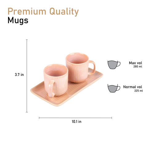 Pastel Tea Coffee Mugs with Serving Platter Set of 2 Cups | Microwave Safe | Dishwash resistant | Scratch Resistant | Pastel Pink | H-4.5" D-3"