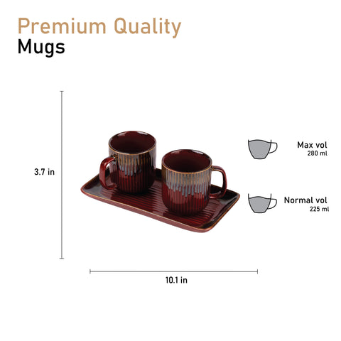 Ceramic Tea Coffee Mugs with Serving Platter Set of 2 Cups | Microwave Safe | Dishwash resistant | Scratch Resistant | Maroon |H-4.5" D-3"