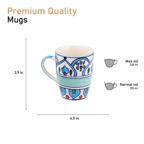 Ceramic Tea Coffee Mugs with Handles (Set of 2) | Microwave Safe | Dishwash resistant | Scratch Resistant | Blue with Elegant Designs | H-4.5" D-3"