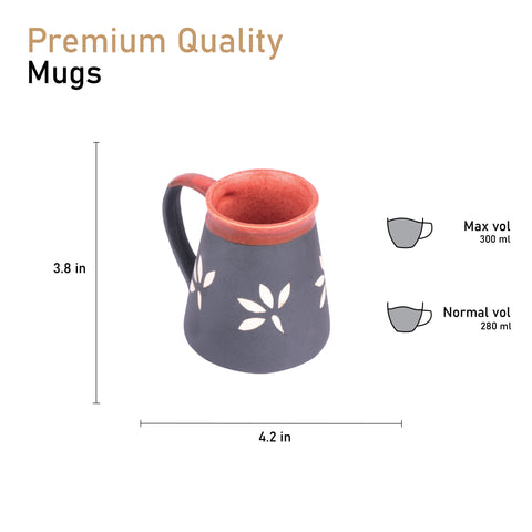 Handcarved and Handglazed Ceramic Tea Cups and Ceramic Coffee Mugs of 2 | Microwave Safe | Dishwasher Safe | Brown and Black with Leafs | H-4" D-3.5"
