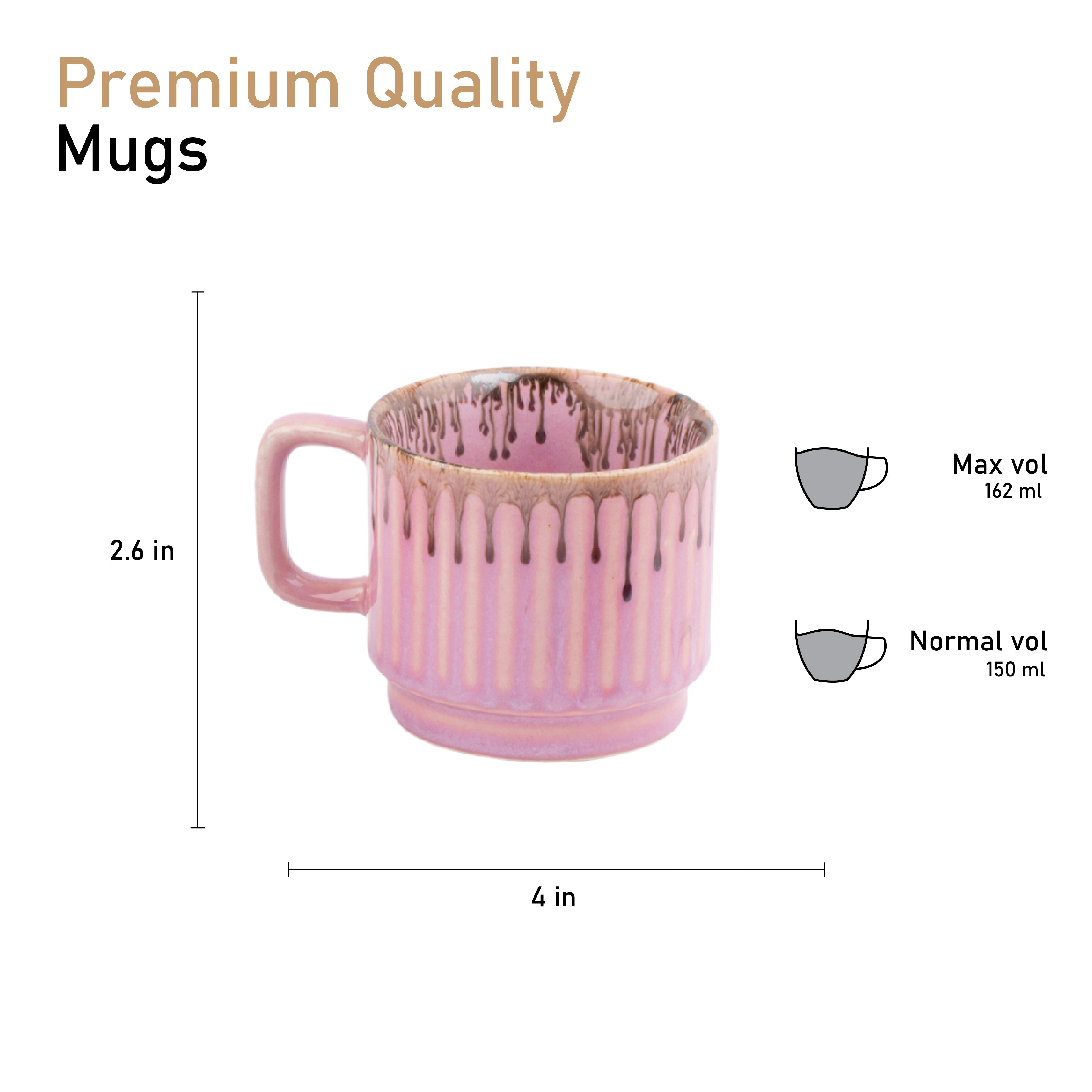 Ceramic Tea Coffee Mugs with Handles Set of 2 | Microwave Safe | Dishwash resistant | Scratch Resistant | Metallic Pink | H-4.5" D-3"